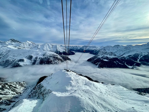 View of italian alpes from the Mont Blanc skyway cableway, Courmayeur, Italy