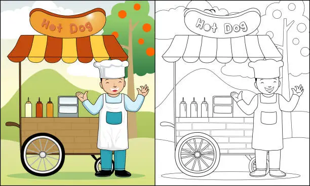 Vector illustration of hot dog street cart with seller on nature background, coloring book or page