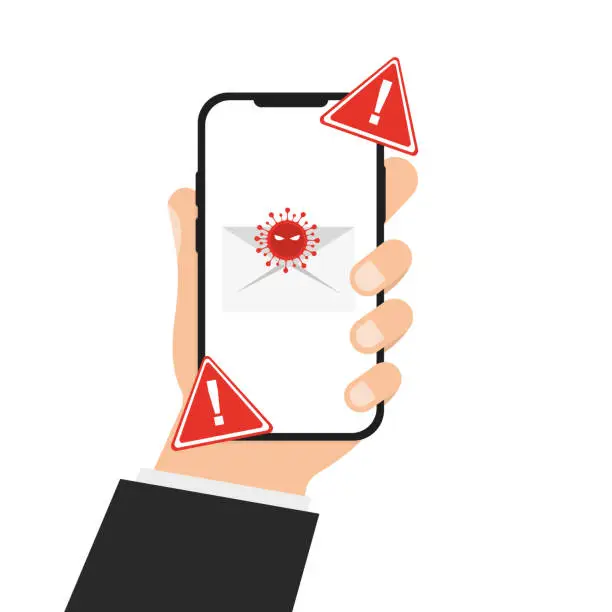 Vector illustration of A hand is holding a phone, a virus on the phone, spam trojan sms. Vector illustration