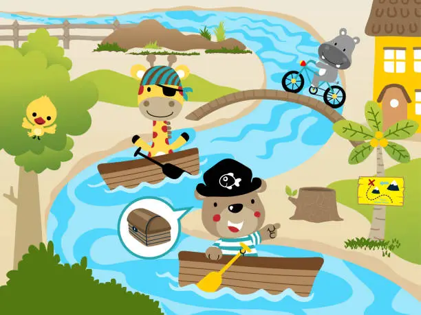 Vector illustration of funny animals cartoon in pirate costume rowing boat in river, hippo riding bicycle, rural scene illustration