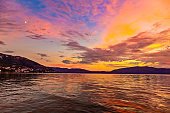 Beautiful sunset view of Vlore, Albania. Wonderful sunset on Adriatic Sea in western Albania, Europe. Stunning Adriatic seascape. Traveling concept background.