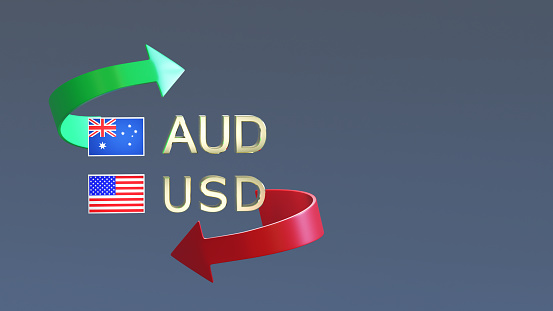 Gold-plated AUD and USD symbols along with the USA and Australia flags surrounded by a red and green arrow on a neutral background. 3D rendering. Finance concept
