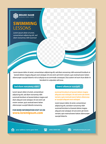 Vertical flyer for swimming lessons, creative concept for presentations and advertising, template for posting photos and text. Modern multicolored blue gradient on element banner with white background