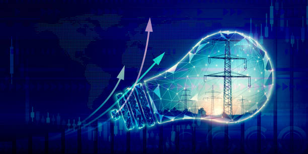 Symbolic light bulb with high-voltage power lines and ascending arrows on blue background for design on theme of energy industry, global energy crisis with rise in cost of energy carriers, inflation.