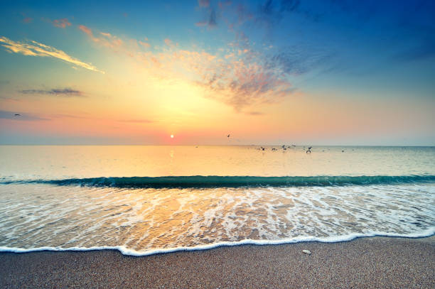 istock Beautiful sunset above sea or ocean. Vibrant and soft colors, magic light. Small clouds on the sky, reflection of sun in the water and sand on beach. Concept of romantic time on vacation in tropical 1453758621