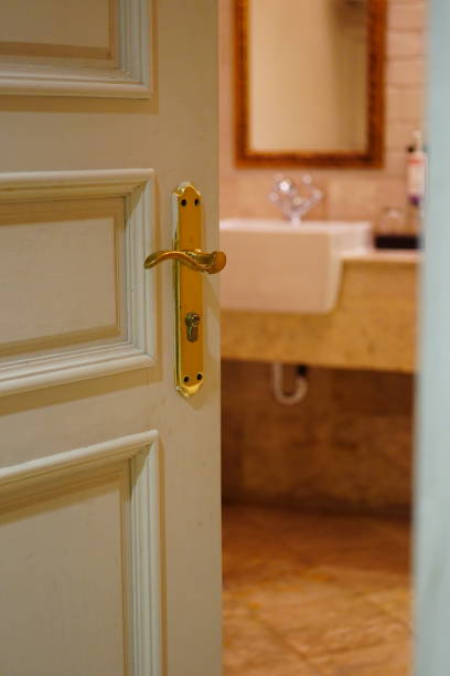 istock Classic white door with golden handle 1453759563