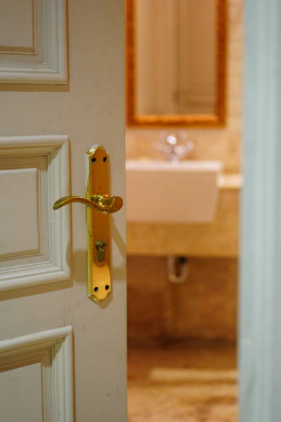 istock Classic white door with golden handle 1453759564