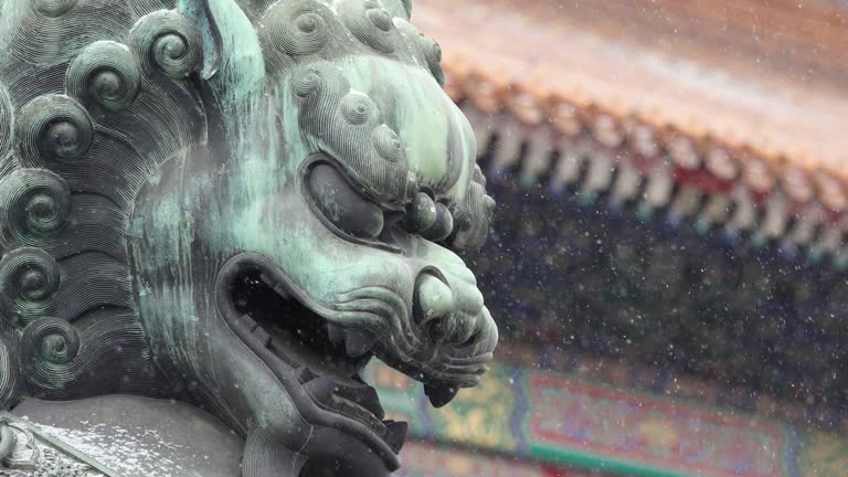 Beijing Forbidden City Bronze Lion Close-up in the Snow