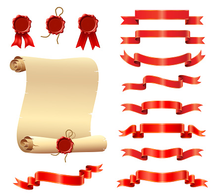 Wax Stamp , Paper Scroll and Red Ribbons.