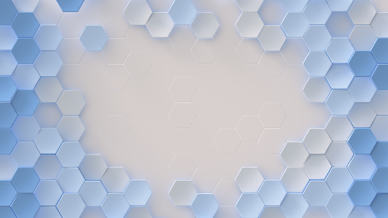 White and blue hexagons. Abstract geometric background. 3D render