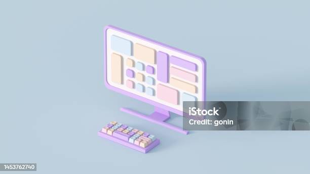 Cute Desktop Computer And Keyboard 3d Render Illustration Stock Photo ...