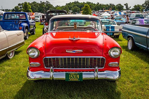 Iola, WI - July 07, 2022: High perspective front view of a 1955 Chevrolet BelAir Hardtop Coupe  at a local car show.
