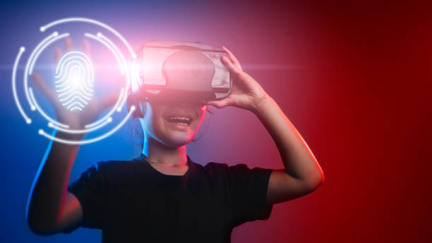 istock happy girl in glasses of virtual reality. Augmented reality, science, future technology concept. VR. Futuristic 3d glasses with virtual projection. Neon light. 1453767771
