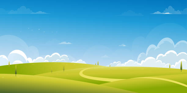 Spring Background with Green Grass Field Landscape with Mountain,Blue Sky and Clouds,Panorama Summer rural nature in with grass land on hill.Cartoon vector illustration backdrop banner for Easter Spring Background with Green Grass Field Landscape with Mountain,Blue Sky and Clouds,Panorama Summer rural nature in with grass land on hill.Cartoon vector illustration backdrop banner for Easter flower backgrounds cherry blossom spring stock illustrations