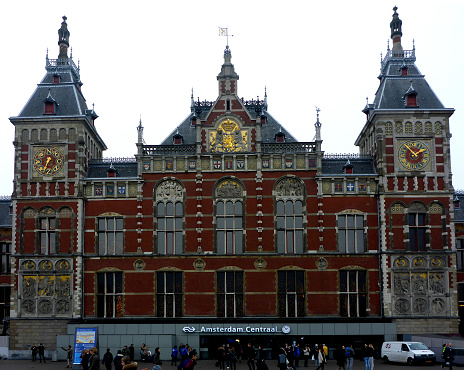 Amsterdam, Netherland Dec 9 2016 - Amsterdam Central Station is the second busiest railway station in the Netherlands.  The building was designed by Pierre Cuypers and opened in 1889