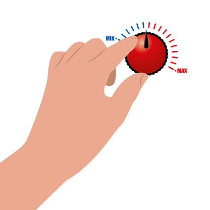 Vector Illustration of a Human Hand Holding Level Control Adjustment Knob to Control in Between Minimum and Maximum, Hot and Cold, High and Low. Plenty Copy Space for your Message or Brand.