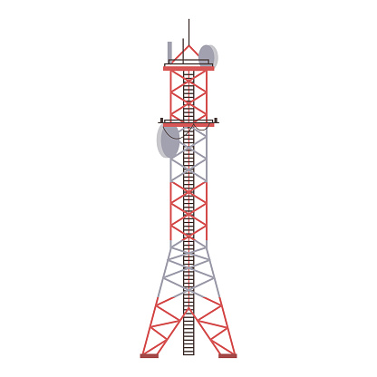 Radio tower vector illustration. Mobile network wireless station or radar signal, flat towering broadcast building equipment. Cartoon towered antenna construction for cell telecom communication