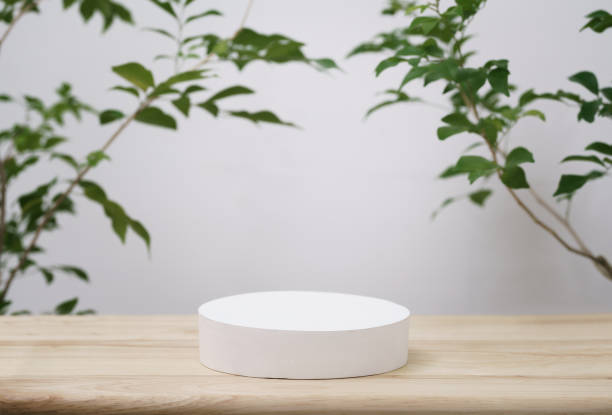 istock empty wooden podium texture on tabletop with tree branch fresh green leaf white space background.organic healthy natural product pedestal platform promotion show display,spring banner concept design. 1453772153