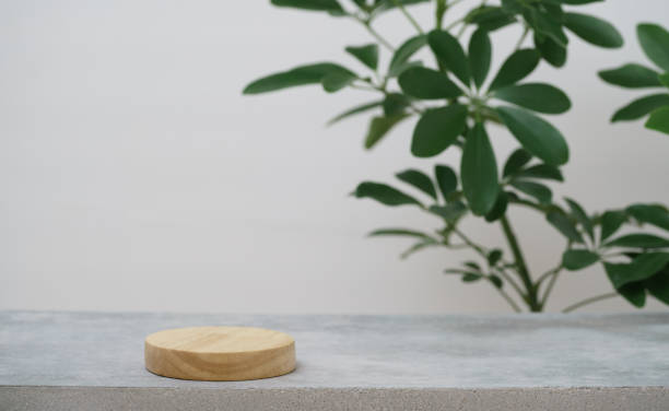 istock empty wooden podium texture on cement tabletop with fresh green leaf white space background.organic healthy natural product pedestal platform promotion show display,spring banner concept design. 1453772172