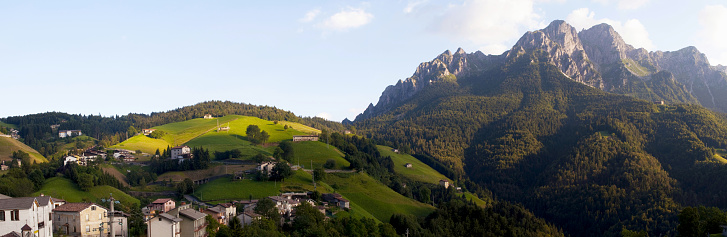 Panoramic View of Mount Alben and Zambla Bassa Village in a Summer Day. Bergamo Province, Italian Alps