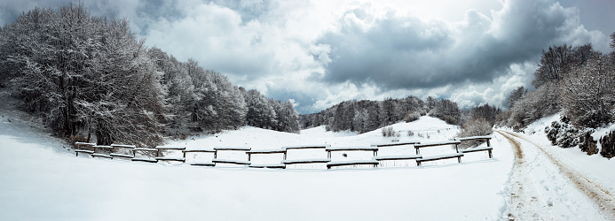 The panoramic shot of the wooden fence against snowy forest and cloudy sky. Prada Monte Baldo, Italy.