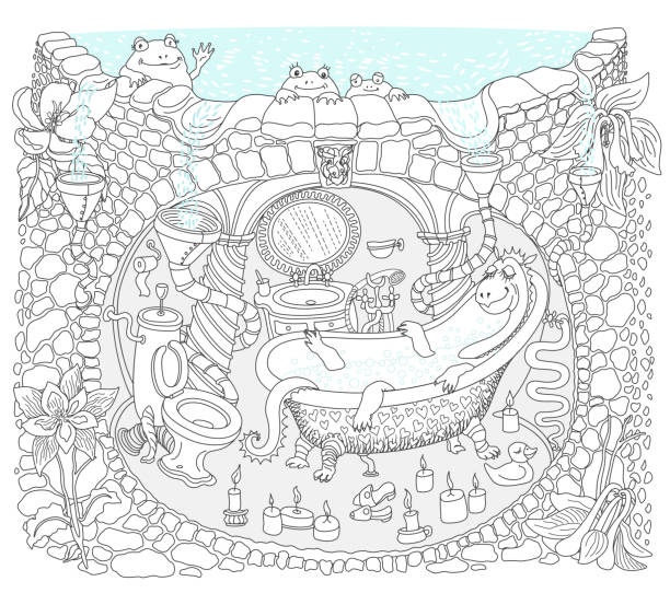 illustrations, cliparts, dessins animés et icônes de illustration de ligne mince de contour vectoriel pour livre de coloriage. maison médiévale de conte de fées salle de bain, grotte souterraine de l’appartement dragon - picture book fairy tale castle dragon