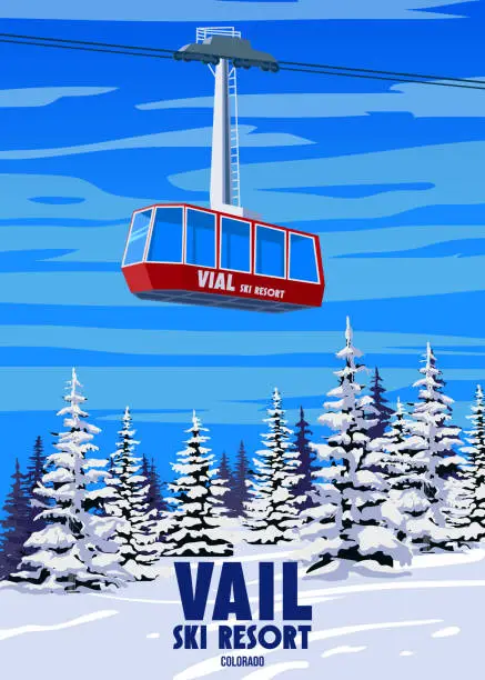 Vector illustration of Ski Travel resort poster vintage Vail. Colorado USA winter landscape travel card