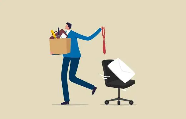Vector illustration of Employee resign, quit or leaving company. Businessman leaving the office. Unemployed with her cardboard box walking out of the work office.