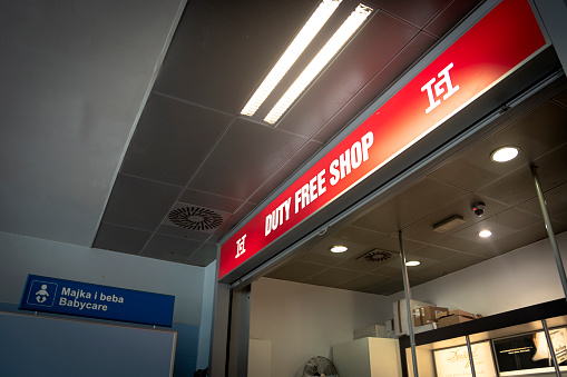 Montenegro, Tivat - July, 02, 2017: Inscription on a red background in the airport store Duty Free Shop,