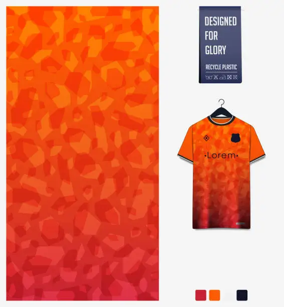 Vector illustration of Soccer jersey pattern design. Mosaic pattern on orange background for soccer kit, football kit, sports uniform. T shirt mockup template. Fabric pattern. Abstract background.