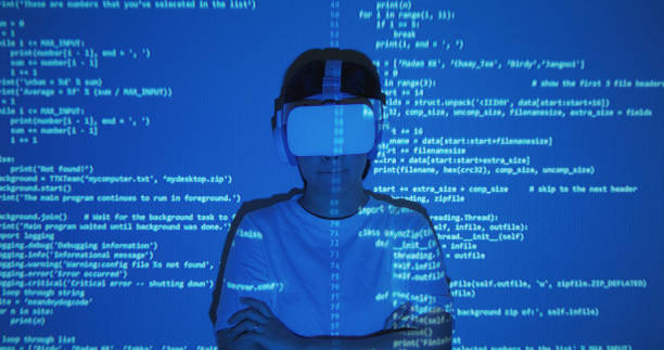 Reskill upskill IT job workforce remote support examine web page server cloud computing concept. POV people IOT work night dark blue light show text idea on woman face wear VR goggle. Hacker crime. reskill upskill it job workforce remote support examinar el concepto de cloud computing del servidor de páginas web. pov personas iot trabajo noche luz azul oscuro mostrar idea de texto en la cara de la mujer usar gafas vr. crimen de hackers.