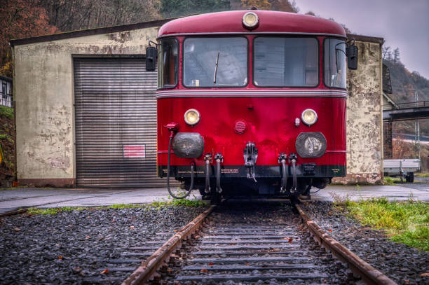 Interior and equipment of old Deutsche Bahn railcars and diesel locomotive. Old railway depot in Linz, Germany. Free access without admission or fee.