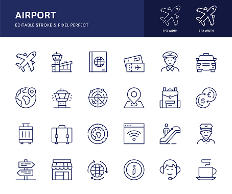 Airport Vector Line Icons. This icon set consists of Airplane, Flight Ticket, Destination, Luggage, Airport Terminal and so on. Pixel Perfect, 2 pixel icons placed on a 64 x 64 pixel grid.