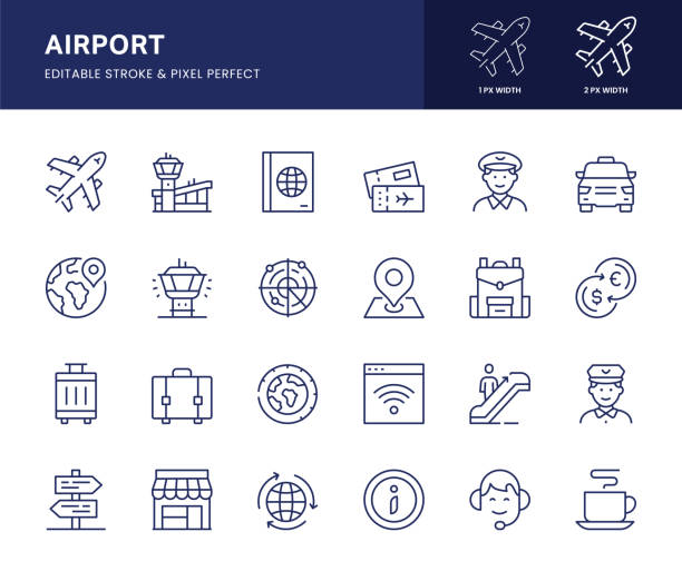 Airport Line Icons. This icon set consists of Airplane, Flight Ticket, Destination, Luggage, Airport Terminal and so on. Airport Vector Line Icons. This icon set consists of Airplane, Flight Ticket, Destination, Luggage, Airport Terminal and so on. Pixel Perfect, 2 pixel icons placed on a 64 x 64 pixel grid. flight radar screen stock illustrations