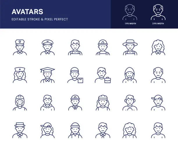 Vector illustration of Avatars Line Icons. This icon set consists of Engineer, Student, Nurse, Policeman, Farmer, Housewife and so on.