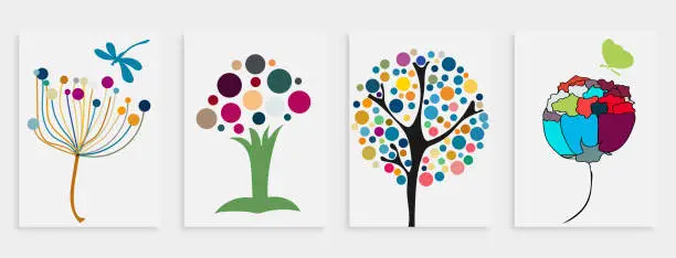 Vector illustration of Vector hand drawing colorful tree and flower plant pattern card banner abstract creative universal artistic templates background.Set of good for poster, card, invitation, flyer, cover, banner, placard, brochure and other graphic design