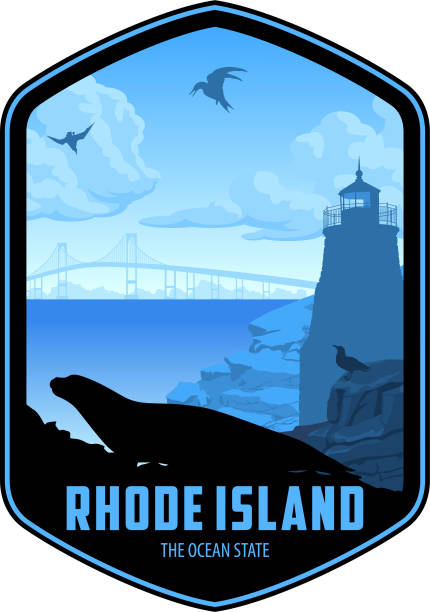 Rhode Island vector label with Harbor seal and seagulls near lighthouse Rhode Island vector label with Harbor seal and seagulls near lighthouse providence stock illustrations