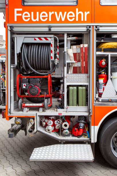 istock Fire engine, equipment - description Feuerwehr means fire department. 1453789307