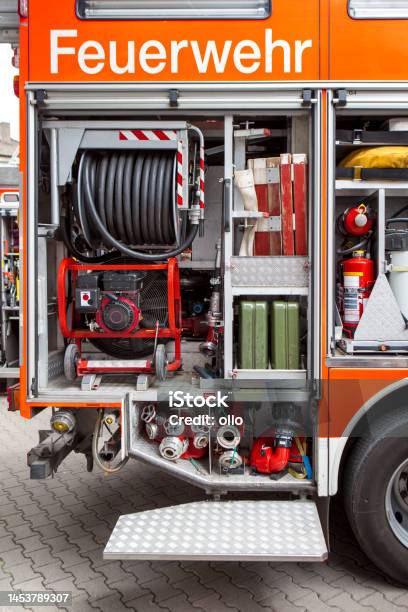 Fire Engine Equipment Description Feuerwehr Means Fire Department Stock Photo - Download Image Now