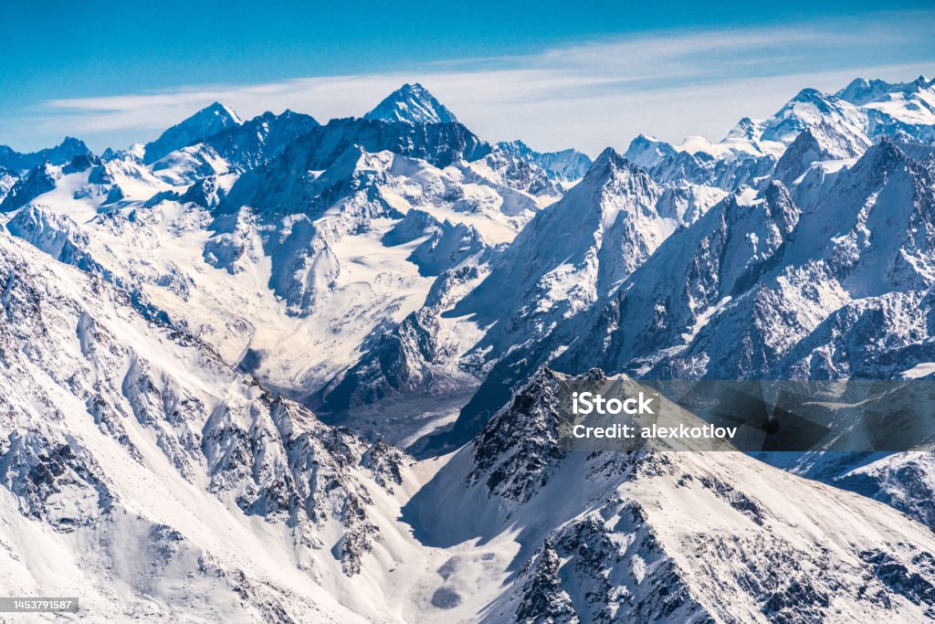 View on mountain range of Elbrus peaks, Elbrus region, Russia Beauty Stock Photo