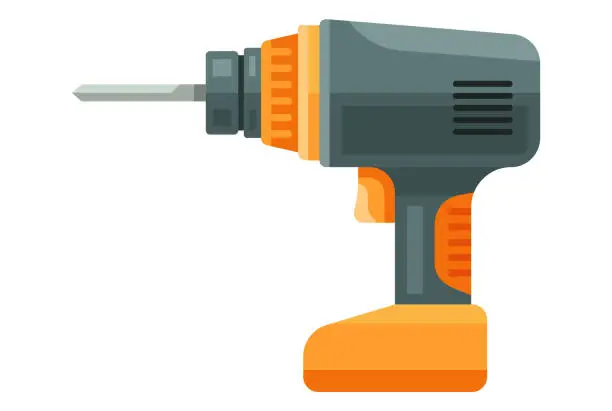 Vector illustration of cordless yellow drill for making holes. construction tool. flat vector illustration.