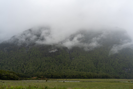 The top of mountain is hid by thick clouds