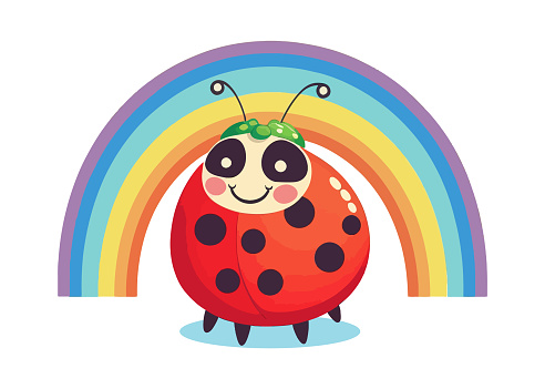 cute ladybug character and rainbow. flat vector illustration.