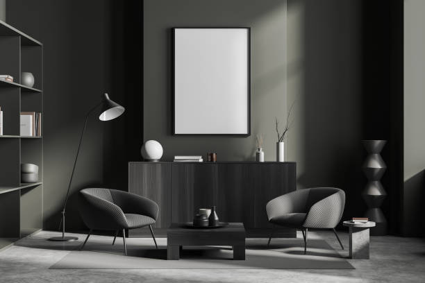istock Front view on dark living room interior with white poster 1453792145