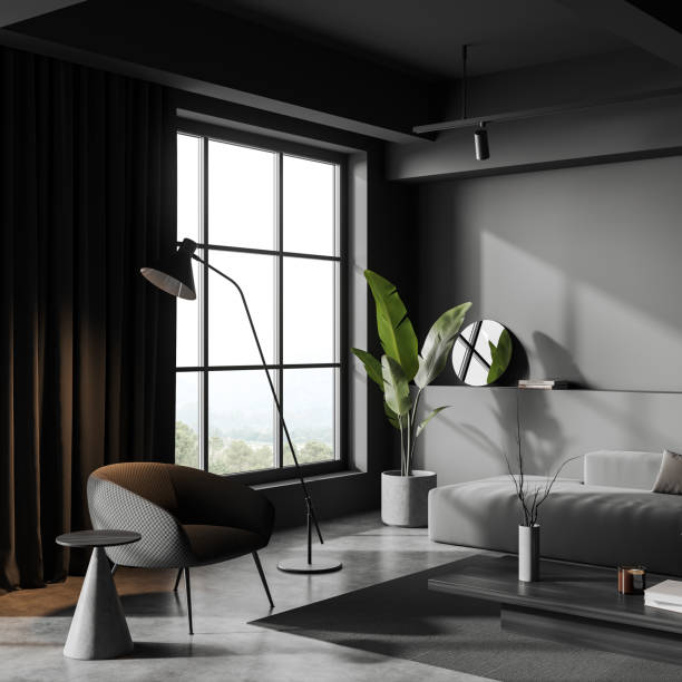 istock Corner view on dark living room interior with sofa, armchair 1453792752