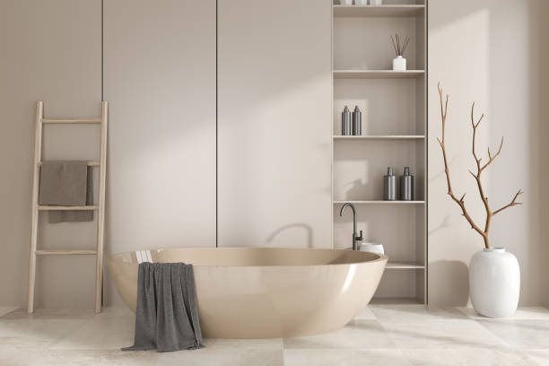istock Stylish bathroom interior with bathtub and shelf with accessories. Empty wall 1453792794