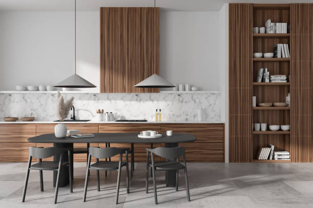 istock Light kitchen interior with table and seats, shelf and decoration 1453792877