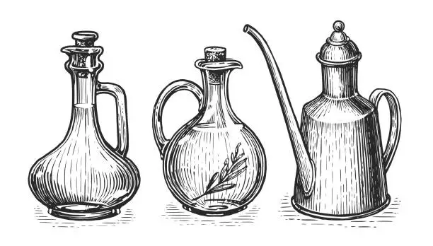 Vector illustration of Set of jar, bottles with extra virgin olive oil. Healthy organic natural farm food. Engraved sketch vintage illustration