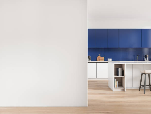 istock Light kitchen interior with bar countertop and cooking area. Mockup empty wall 1453792962