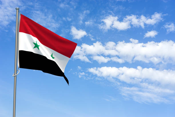 istock Syrian Arab Republic Flag Over Blue Sky Background. 3D Illustration 1453792981